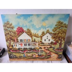 Bonnie white canvas print cottagecore house scene dog family hanging picture